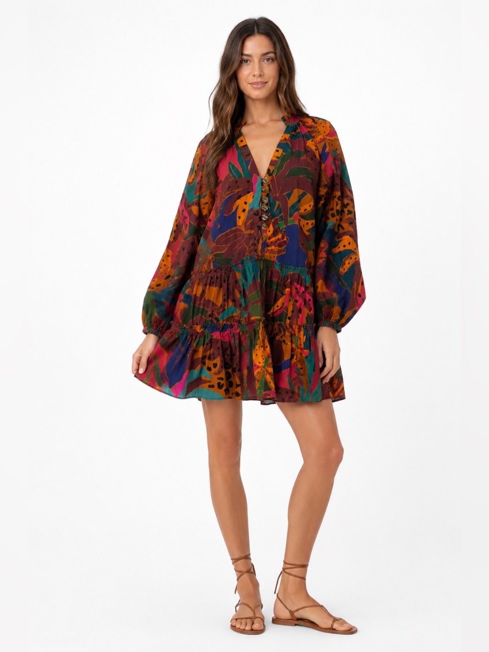 Farm Rio “Leopard’s Jungle” Brown Floral Mini Dress - XS - Picture 2 of 11